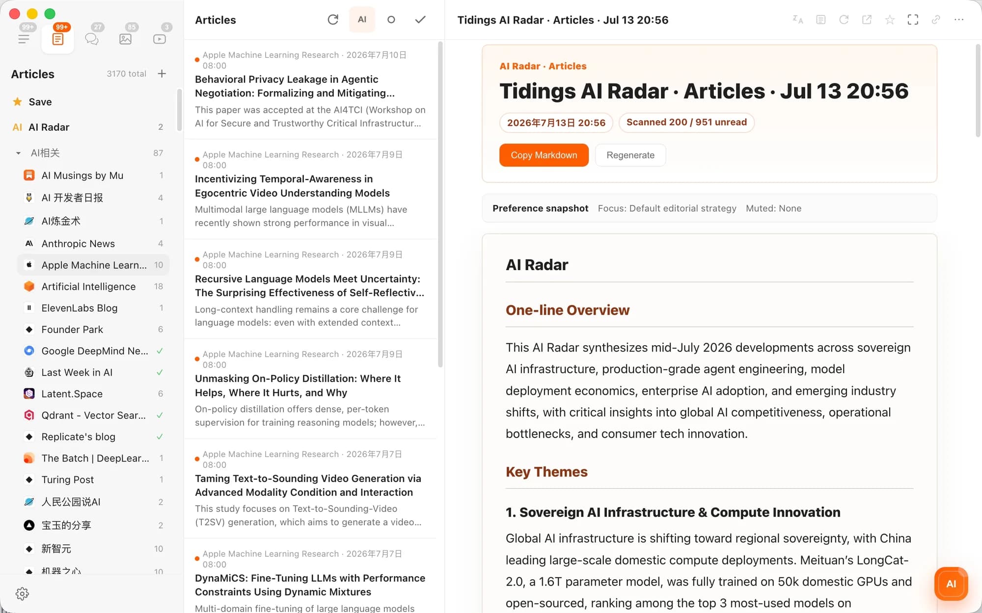 Tidings AI Radar: unread items grouped into a daily topic brief