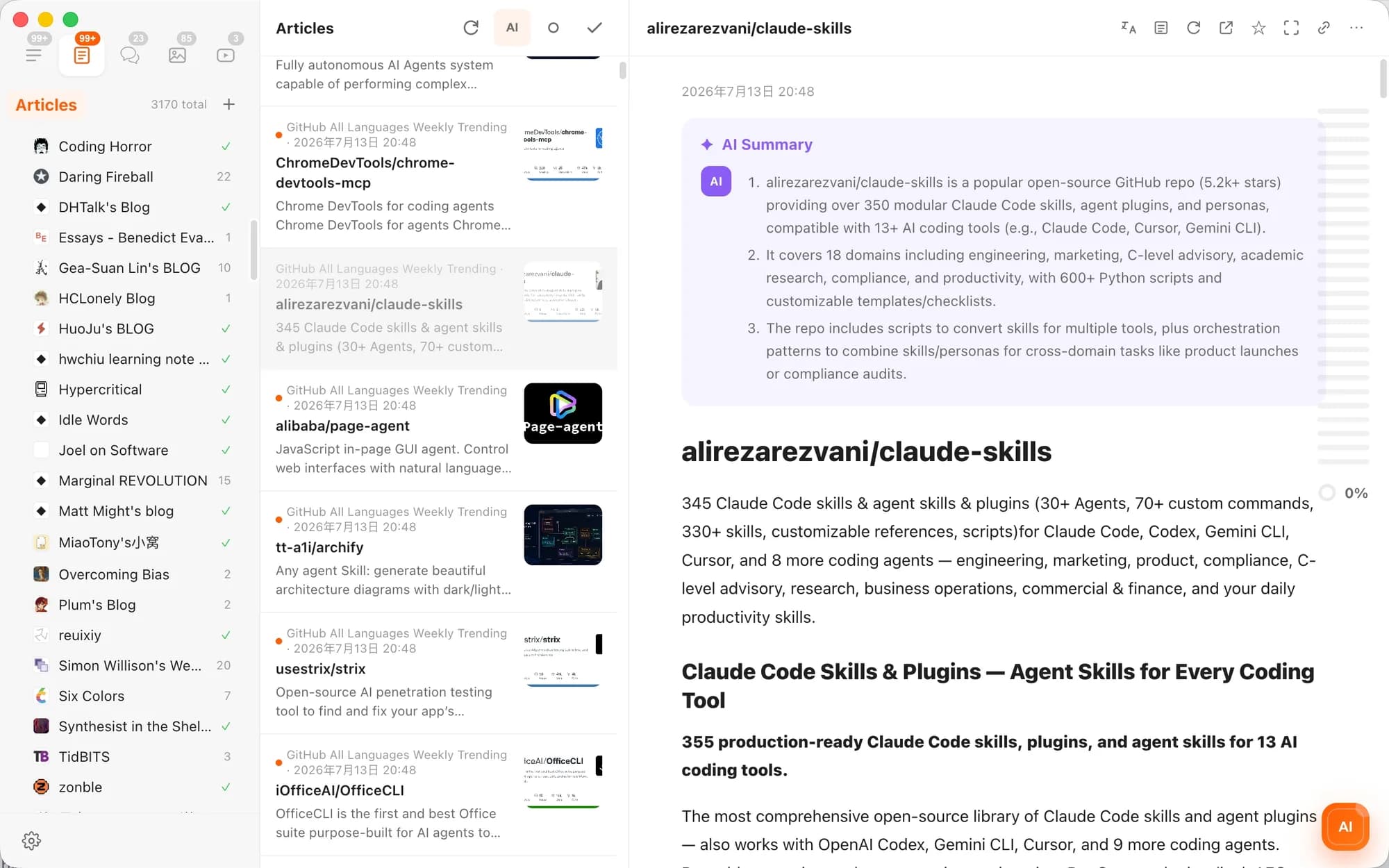 An AI summary card at the top of an article, distilling a long read into a few lines